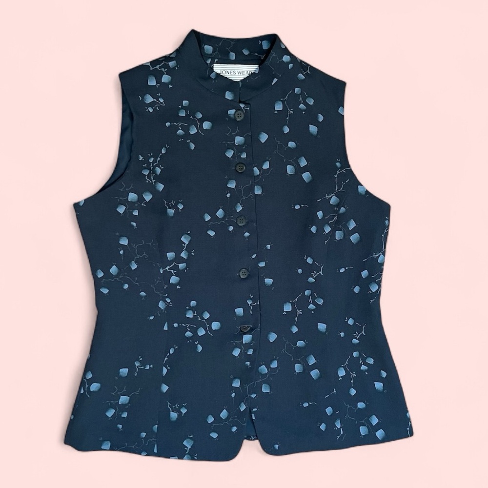 Jones Wear Blue Fitted Buttoned Blouse with Mandarin Collar